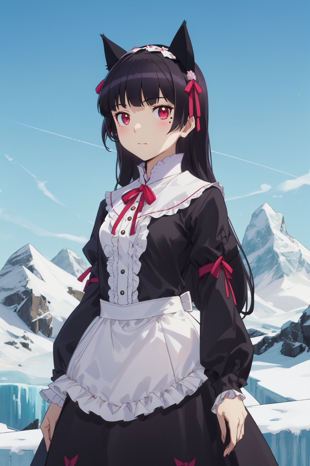 <lora:Ruri-000010:0.8>,Ruri cyql,1girl,looking at viewer,solo,long hair,black hair,hime cut,red eyes,mole,mole under eye,cat ears,animal ears,gothic lolita,lolita fashion,dress,frills,Pensive, Eyes focused inward, brow furrowed, and lips pursed.,cowboy_shot,beautiful face,beautiful eyes,glossy skin,shiny skin,Glacier, Peaks, Mountains, Ice, Blue, Crevasse, Serenity, Wilderness,(Agave plants, Succulents, Desert landscape, Cacti, Warm desert sun, Arid climate:0.6),beautiful detailed sky,beautiful detailed glow,posing in front of a colorful and dynamic background,masterpiece,best quality,beautiful and aesthetic,contrapposto,female focus,wallpaper,fashion,