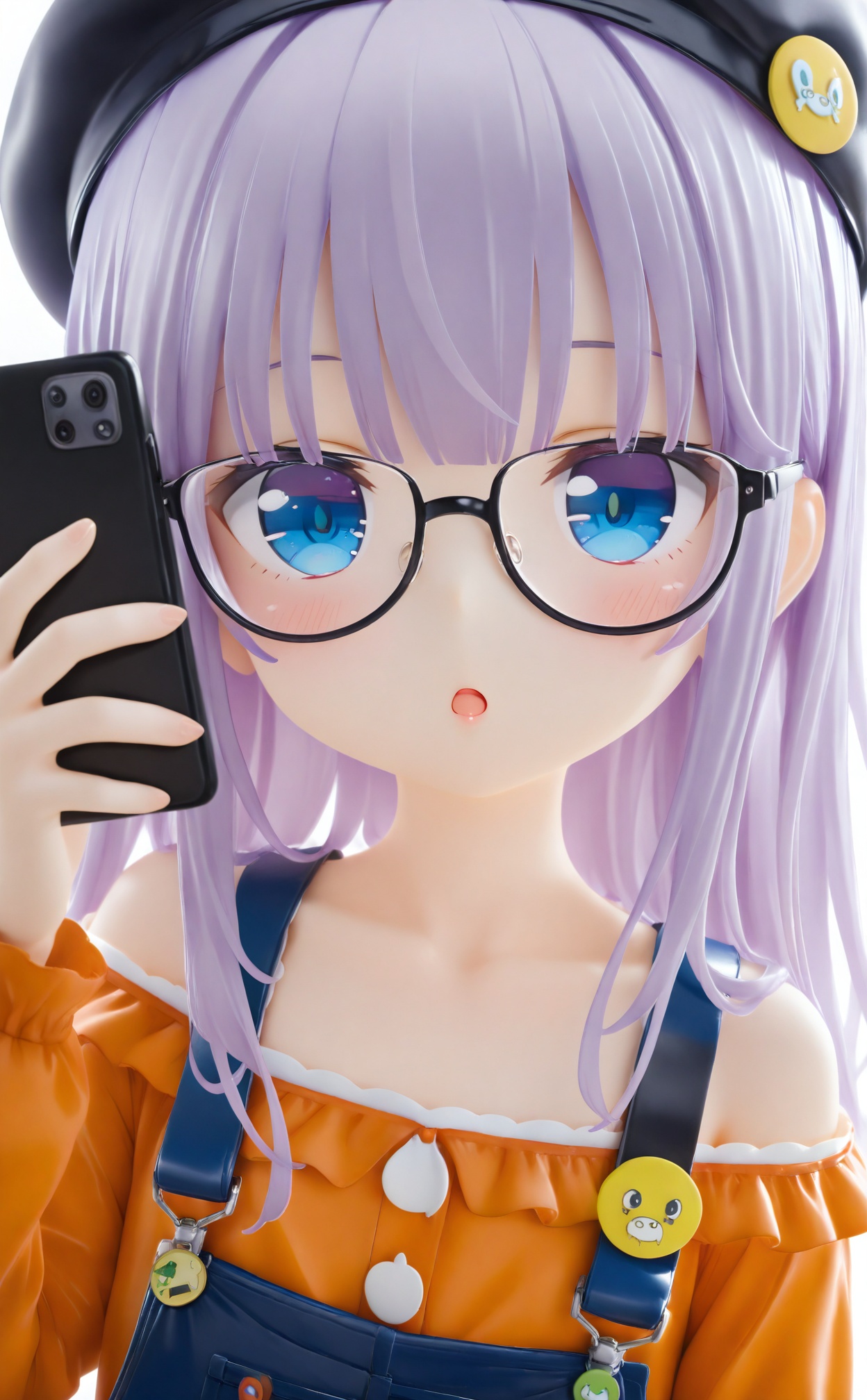 masterpiece,best quality,high quality,loli,PVC Style,1girl,solo,phone,long hair,blue eyes,glasses,cellphone,hat,off shoulder,overalls,holding,shirt,black headwear,holding phone,purple hair,under-rim eyewear,long sleeves,semi-rimless eyewear,parted lips,upper body,off-shoulder shirt,looking at viewer,collarbone,beret,white background,smartphone,black-framed eyewear,badge,bare shoulders,orange shirt,hand up,button badge,:o,simple background,<lora:pvc3——【Illustrious】hans:0.8>,