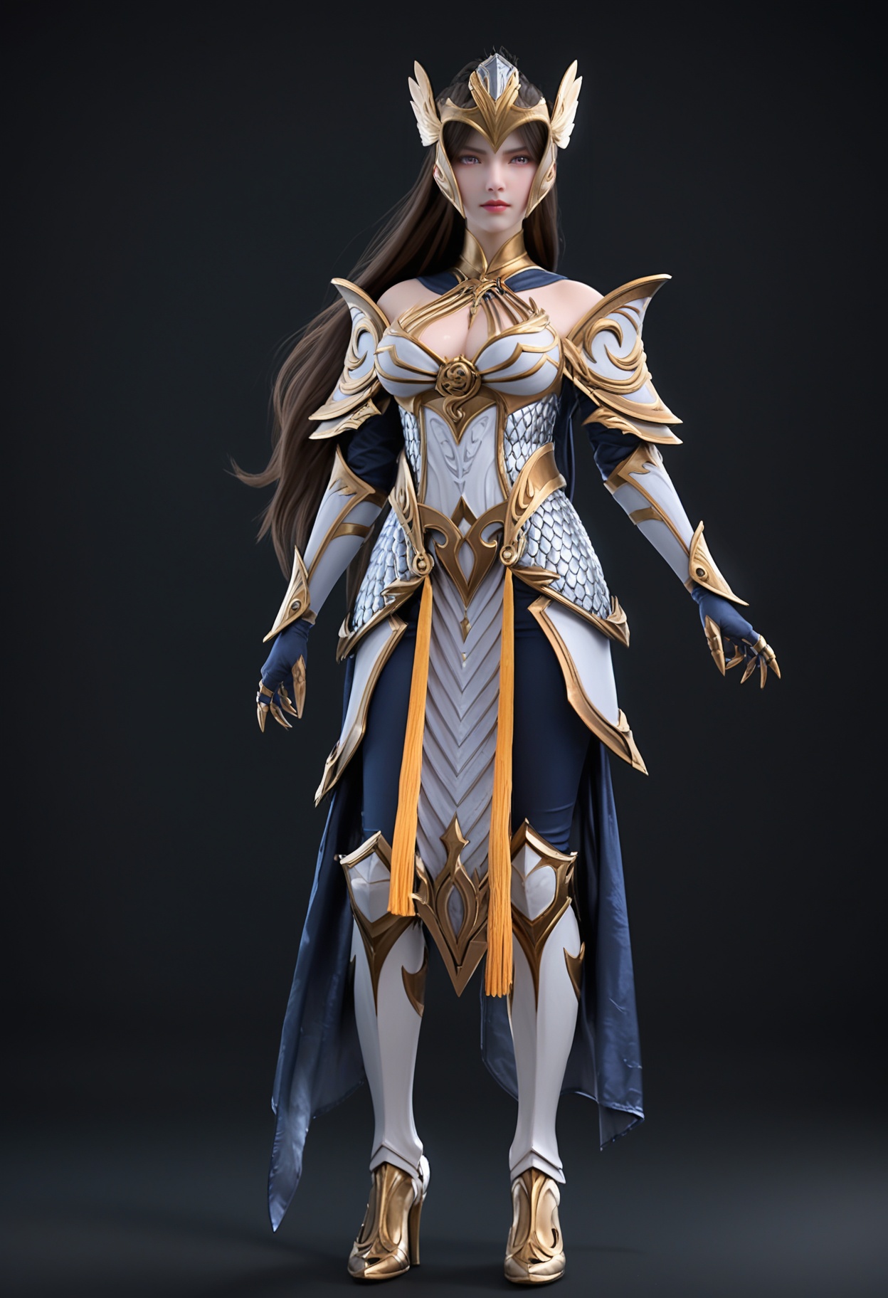 (standing full_body:1.1),score_9,score_8_up,masterpiece,(best quality),intricate details,facing viewer,(looking at viewer:1.1),<lora:YQ_pony_nvzhanshen_V4:0.8>,q1528437228,1girl,solo,long hair,armor,black hair,shoulder armor,gauntlets,brown hair,ponytail,helmet,pauldrons,armored dress,hair ornament,breastplate,gloves,gorget,purple eyes,blue eyes,dress,vambraces,boots,brown eyes,armored boots,cape,BREAK(score_9:1.2),(score_8_up:1.2),masterpiece,best quality,very aesthetic,perfect anatomy,(hourglass),perfect face,(simple background,pure black background,black background:1.1),fair_skin,(shiny_skin:1.1),Ivory_skin,