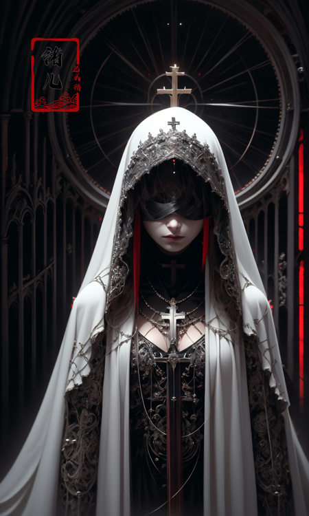 the goddess by shadrach jaroshelev, in the style of gothic futurism, dark white and light red, hyper-detailed illustrations, uhd image, Gorgeous costume details, intricate costumes, (cathedral:1.6)，(beautiful and clear background:1.4),(Transparent blindfold:1.1),  (coif:1.3),<lora:绪儿-修女头巾coif:0.9>