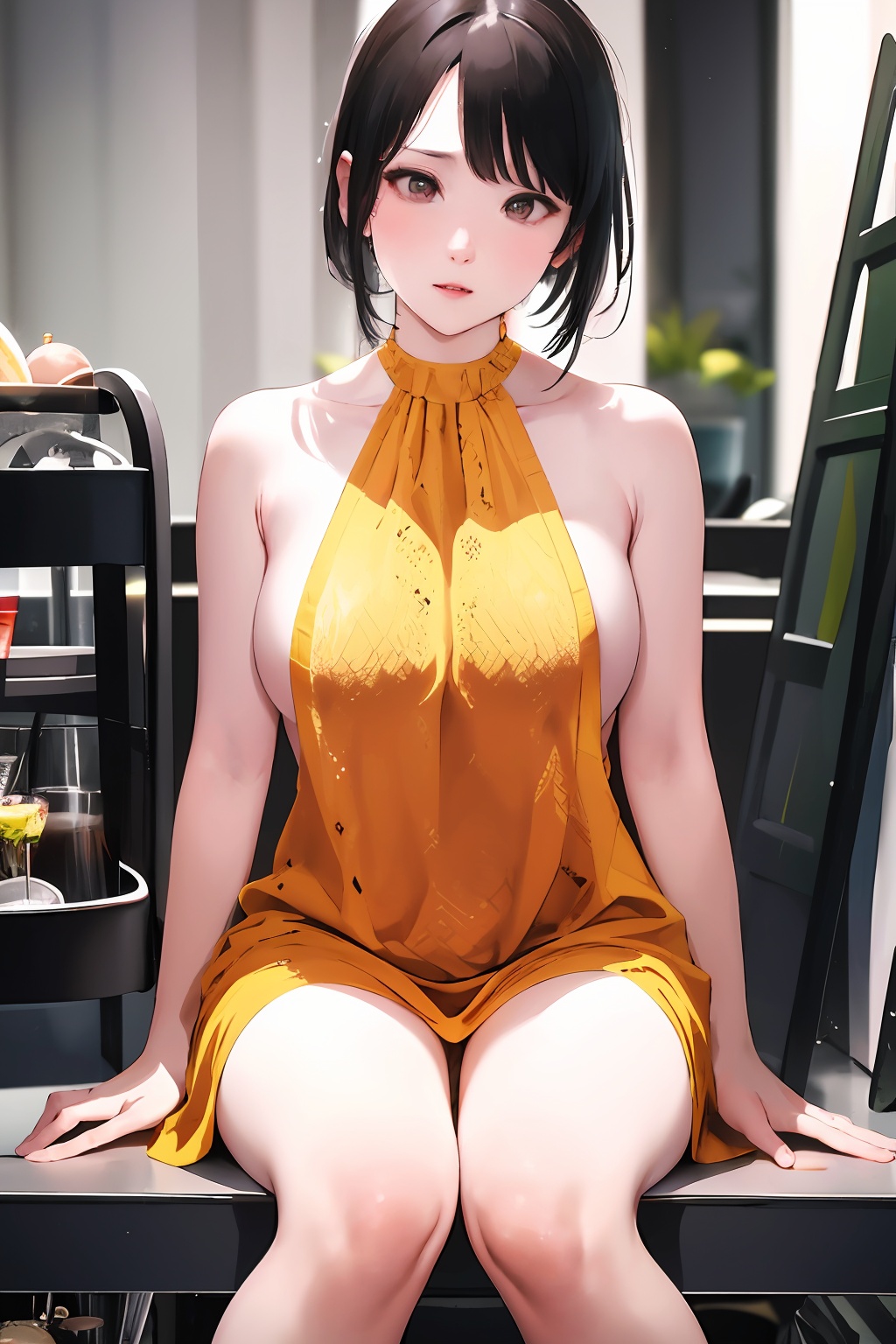 (masterpiece, top quality, best quality, official art, beautiful and aesthetic:1.2),1girl,solo,breasts,bare shoulders,sitting,thighs,sleeveless,blurry,bare arms,blurry background,head out of frame,<lora:lbc_Back_skirt:0.8>,