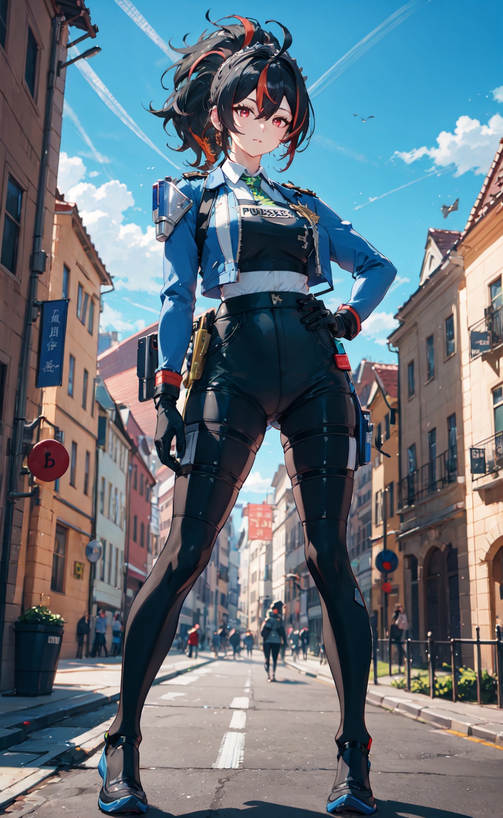 <lora:zhuyuan (20):0.8>,ZhuYuan CYQL,1girl,looking at viewer,solo,long hair,ponytail,ahoge,hair between eyes,black hair,red hair,multicolored hair,streaked hair,red eyes,bodysuit,breasts,full body,necktie,green necktie,jacket,shirt,gloves,black gloves,police uniform,uniform,pants,policewoman,:d,upper_body,Prague, Sightseeing tour, Morning light, Architecture, History,(Orchids, Ferns, Palm trees, Epiphytes, Dense foliage, Humidity, Exotic birds:0.5),beautiful detailed sky,beautiful detailed glow,posing in front of a colorful and dynamic background,masterpiece,best quality,beautiful and aesthetic,contrapposto,female focus,wallpaper,