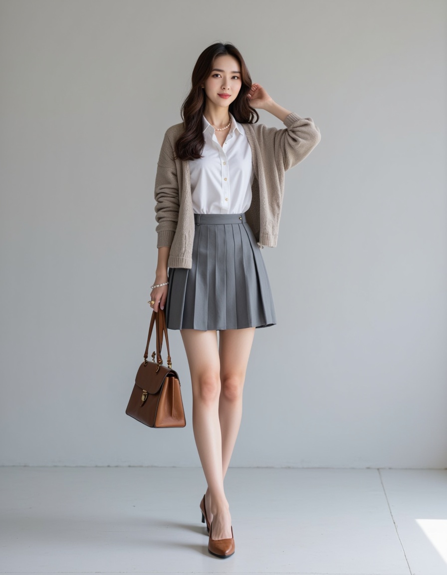 in Pleated mini skirt,Button-down Oxford shirt,Cardigan sweater tied around shoulders,Ballet flats,Holding Satchel bag,Pearl necklace. a real picture of a south korea woman,