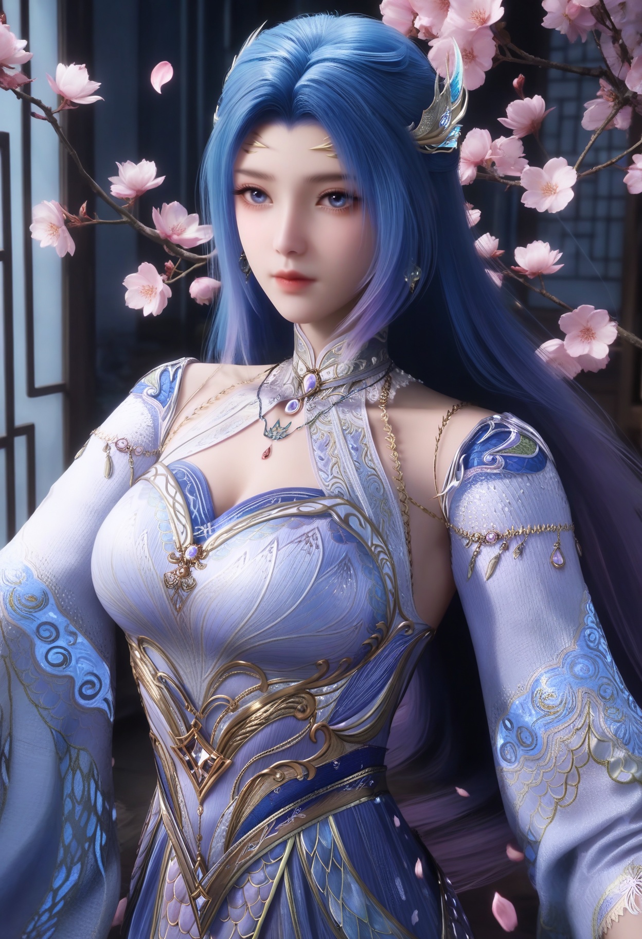 masterpiece,best quality,amazing quality,very aesthetic,high resolution,ultra-detailed,absurdres,scenery,photorealistic,(looking at viewer:1.1),upper body,(Dark room:1.3),(moody lighting:1.1),peach blossom,falling petals,(large breasts:0.8),tangwutong,1girl,solo,long hair,hair ornament,blue eyes,jewelry,dress,earrings,detached sleeves,high heels,necklace,anklet BREAK photorealistic details,<lora:QQSilltangwutongV1:0.8>,