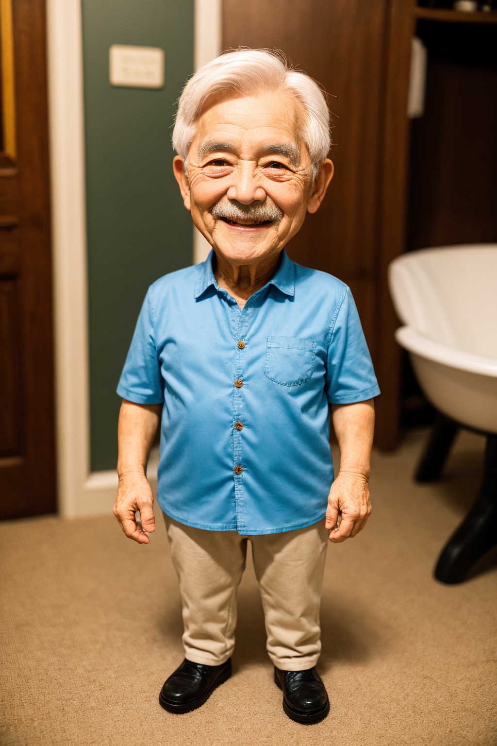 old man, solo, film grain, realistic, photorealistic, white hair, dress, brown eyes, shirt, pants, smile, standing, looking at viewer, full body, chibi, indoors, 