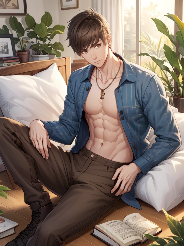 Gavin,<lora:Gavin:1>,1boy,male focus,brown pants,abs,jewelry,pants,solo,looking at viewer,necklace,wooden floor,sitting,key,indoors,ball,plant,long sleeves,navel,book,pillow,pectorals,open clothes,, masterpiece,best quality