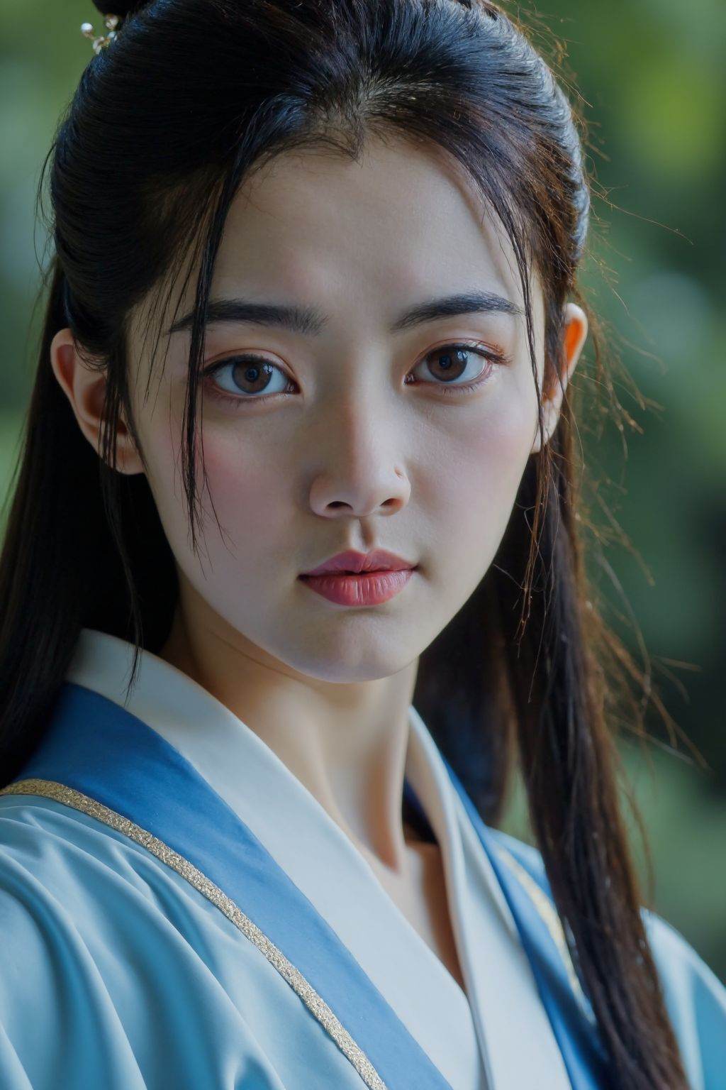 Cinematic photo a photograph of a woman with fair skin and long black hair,blue and white hanfu,