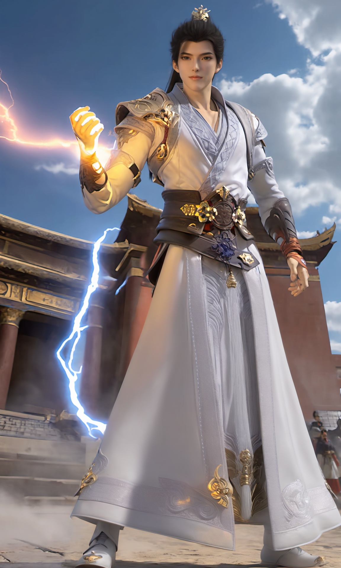 professional 3d model slender face,Shihao,front view of a man with a black high ponytail hair wearing white Traditional-Clothing,full body,golden special effects,<lora:Perfect Shihao-000019:0.9>, . octane render, highly detailed, volumetric, dramatic lighting