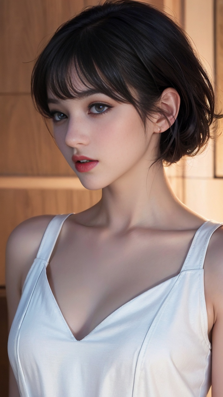 1girl, bangs, bare_shoulders, black_hair, breasts, brown_eyes, collarbone, dress, lips, looking_at_viewer, nose, realistic, short_hair, sleeveless, sleeveless_dress, solo, upper_body, white_dress