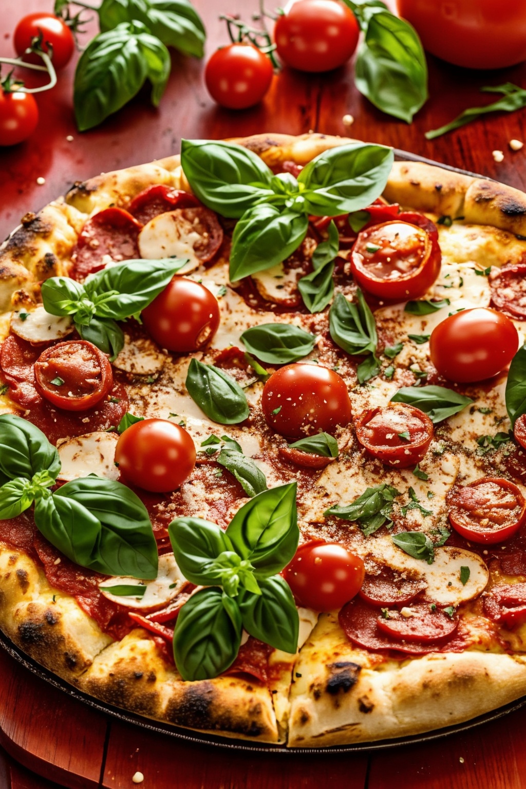Food photography,a vibrant pizza with a golden crust,generously topped with sliced tomatoes,basil leaves,and pepperoni. Surrounding the pizza are dynamic elements like floating cherry tomatoes,chili flakes,and fresh basil leaves,(all suspended in a red and brown mist. The background is a deep red:1.3),and the entire composition exudes a sense of motion and freshness,possibly suggesting a culinary promotional image for a pizzeria,, masterpiece,best quality,
