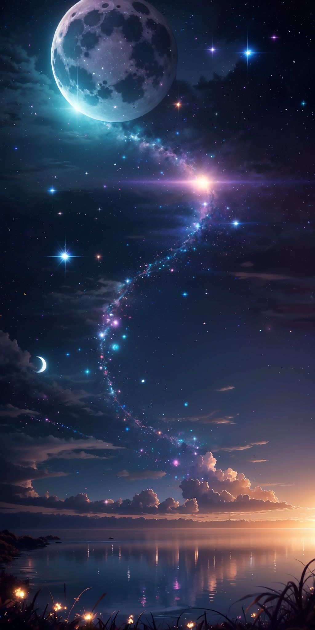 <lora:MHBG_20240210000238-000007:0.6>,MHBG,sky,scenery,star \(sky\),cloud,starry sky,outdoors,sunset,night,tree,horizon,night sky,(no humans:2),nature,forest,moon,crescent moon,reflection,water,fireflies,lantern,grass,blurry,full moon,light particles,bug,branch,leaf,depth of field,butterfly,ocean,sun,planet,sparkle,bokeh,lens flare,bubble,space,, (raw photo:1.2),((photorealistic:1.4))best quality,masterpiece,illustration,an extremely delicate and beautiful,extremely detailed,CG,unity,8k wallpaper,Amazing,finely detail,masterpiece,best quality,official art,extremely detailed CG unity 8k wallpaper,absurdres,incredibly absurdres,huge filesize,ultra-detailed,highres,extremely detailed,beautiful detailed girl,cinematic lighting,1girl,pale skin,tall female,(perfect body shape),skinny body,Slender legs,Perfect finger,Perfect body,, tall female,pale skin,skinny body,Long Legs,Slender legs,, sitting,bent_over