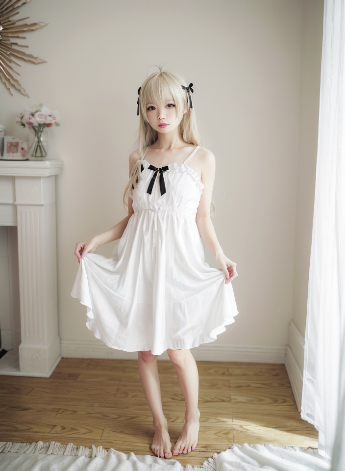 qiongmei,1girl,dress,solo,white dress,wooden floor,barefoot,blonde hair,long hair,cosplay,indoors,full body,ribbon,standing,reference inset,hair ribbon,looking at viewer,photo inset,black ribbon,<lora:qiongmei_20231206232120:0.8>,