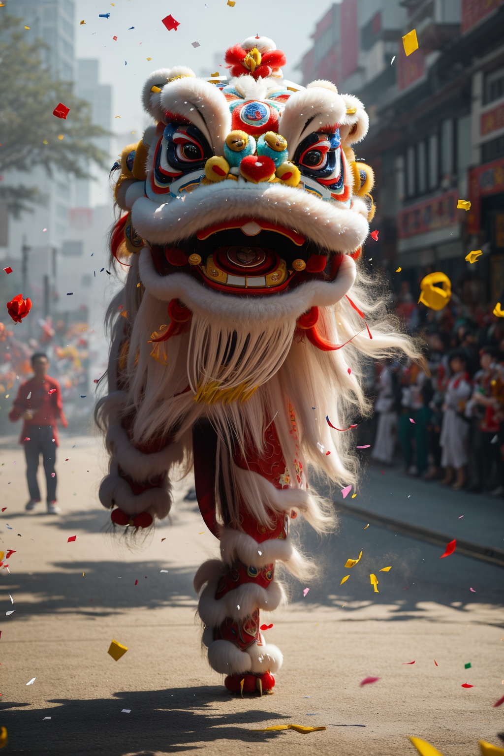 Chinese lion dance,solo,confetti,colorful,outdoors,no humans,full body,blurry,day,wind,<lora:xingshi-000008:0.6>,festive atmosphere,, masterpiece, best quality,