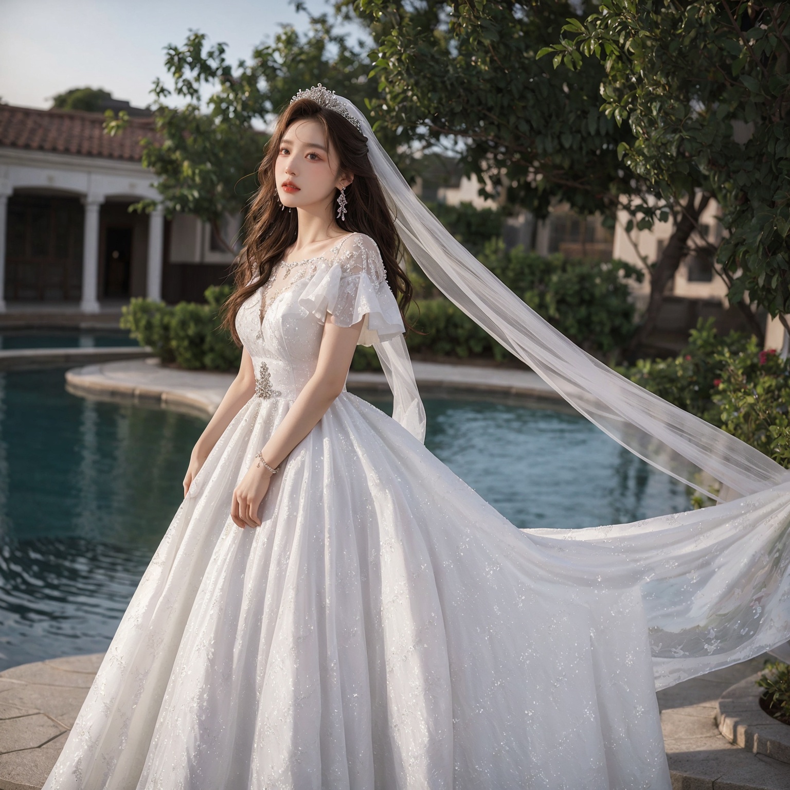 Best Quality,Masterpiece:1.4),(Realism:1.2),(Realisitc:1.2),4K,(photorealistic:1.3),1girl, white wedding dress,long dress,outdoors, flower,  jewelry,print,(Long Wavy Hair),hunsha,veil,Earrings,Jewelry,Tindal Light, <lora:YG梦中婚纱3:0.7>,