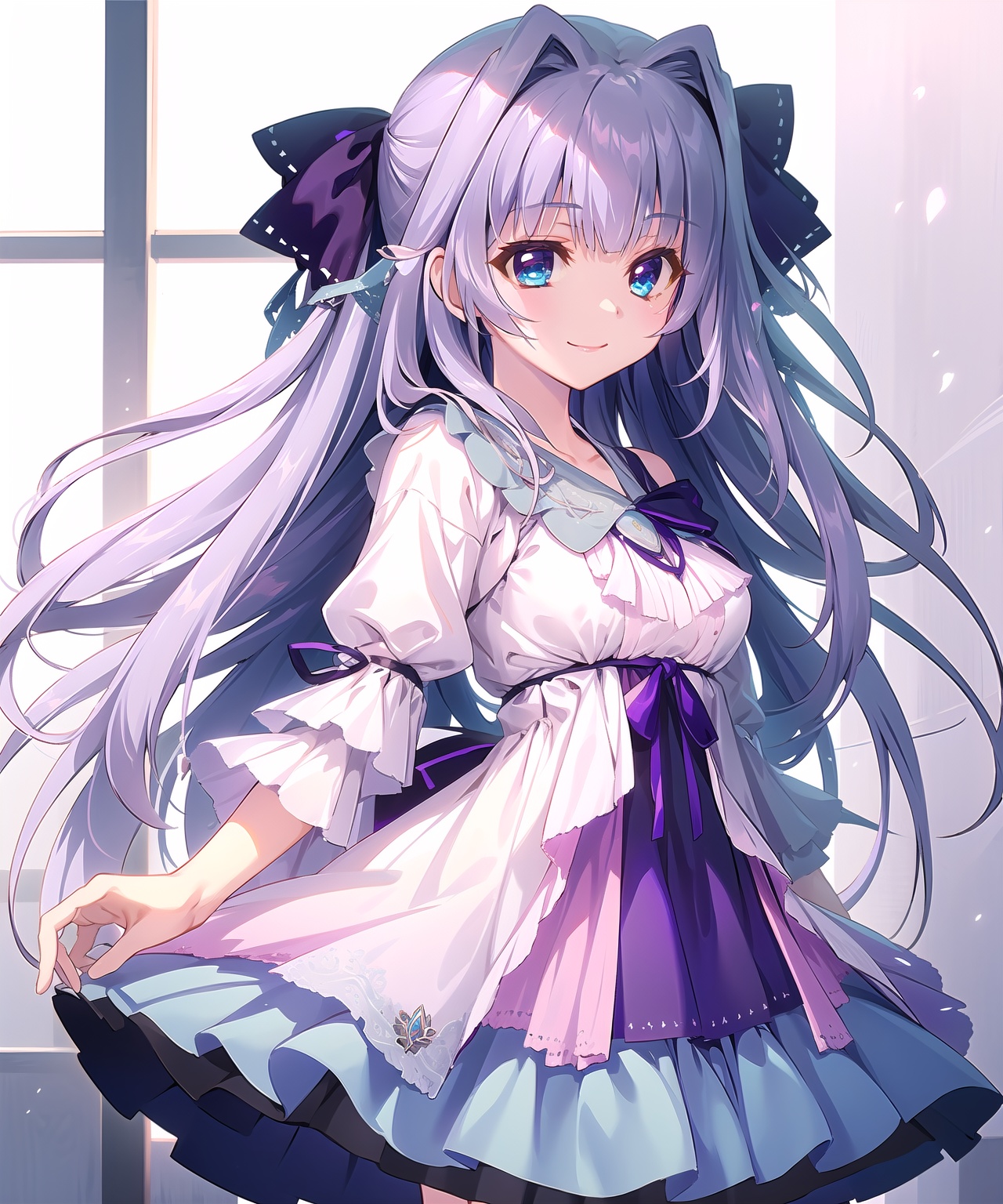kousakaharuka,(kousakaharuka dress:1.2),blue eyes,light purple hair,hair ribbon,smile,looking at viewer,cowboy shot,hair intakes,purple bow,, masterpiece,best quality,