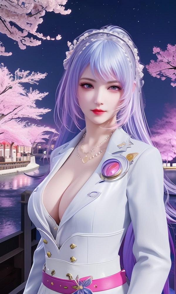 (,1girl, ,best quality, ),looking at viewer, <lora:480-DA-斗罗大陆-永劫无间-唐舞桐:0.8> ,, ,masterpiece,(( , )),, realistic,science fiction,mole,,ultra realistic 8k cg,     ,cherry blossoms,,night, night sky, crescent moon, moonlight,,(facing viewer, looking at viewer, , ),  (cleavage), (),