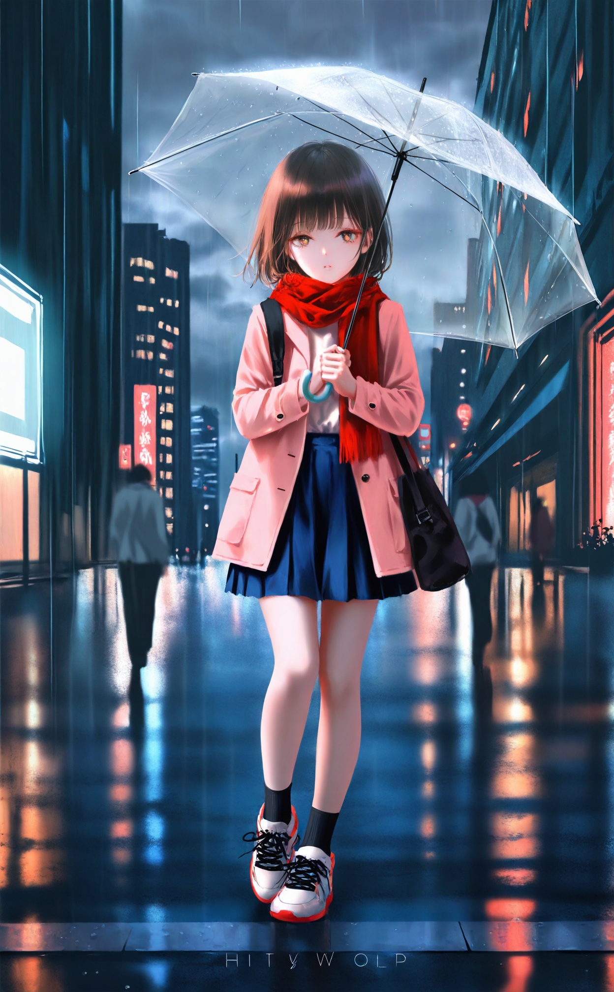 masterpiece,best quality,high quality,loli,[Artist:wlop],Artist:hiten_(hitenkei),[[Artist:sheya]],umbrella,scarf,holding umbrella,rain,skirt,outdoors,holding,1girl,red scarf,brown hair,bag,sky,blue skirt,night,pleated skirt,shoes,socks,coat,sneakers,looking at viewer,short hair,shirt,brown eyes,1boy,transparent,transparent umbrella,city,building,open clothes,standing,cloud,walking,long sleeves,white shirt,cloudy sky,jacket,parted lips,sign,miniskirt,shoulder bag,lamppost,open coat,solo focus,full body,road sign,