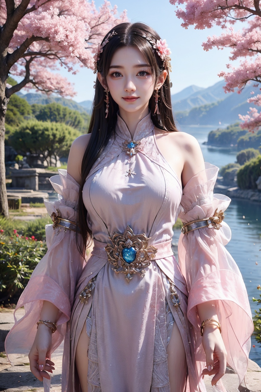 1girl,solo,pink,long hair,hair ornament,looking at viewer,detached sleeves,outdoors,see-through,
