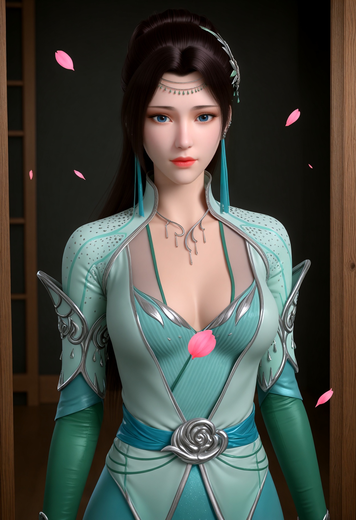 (upper_body:1.2),(looking_at_viewer:1.1),(masterpiece:1.1),(best quality:1.2),(intricate details),(smog:1.3),(Dark room:1.3),(dim lighting:1.3),peach blossom,falling petals,<lora:YQ_Illustrious光辉v5_云韵绿衣_V1:0.8>,q1528437228,1girl,solo,long_hair,earrings,black_hair,hair_ornament,dress,blue_eyes,necklace,green_dress,ponytail,hair_bun,realistic,legs,masterpiece,(best quality),(intricate details:0.9) BREAK (intricate details:0.9),(realistic skin:1.2),masterpiece,best quality,newest,absurdres,hiahres,