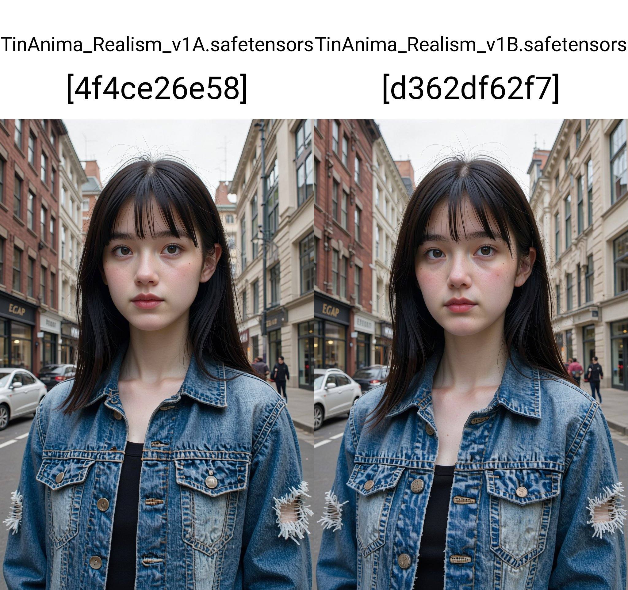 The image is a high-resolution photograph of a young Asian woman standing outdoors in an urban setting. She has a medium c...