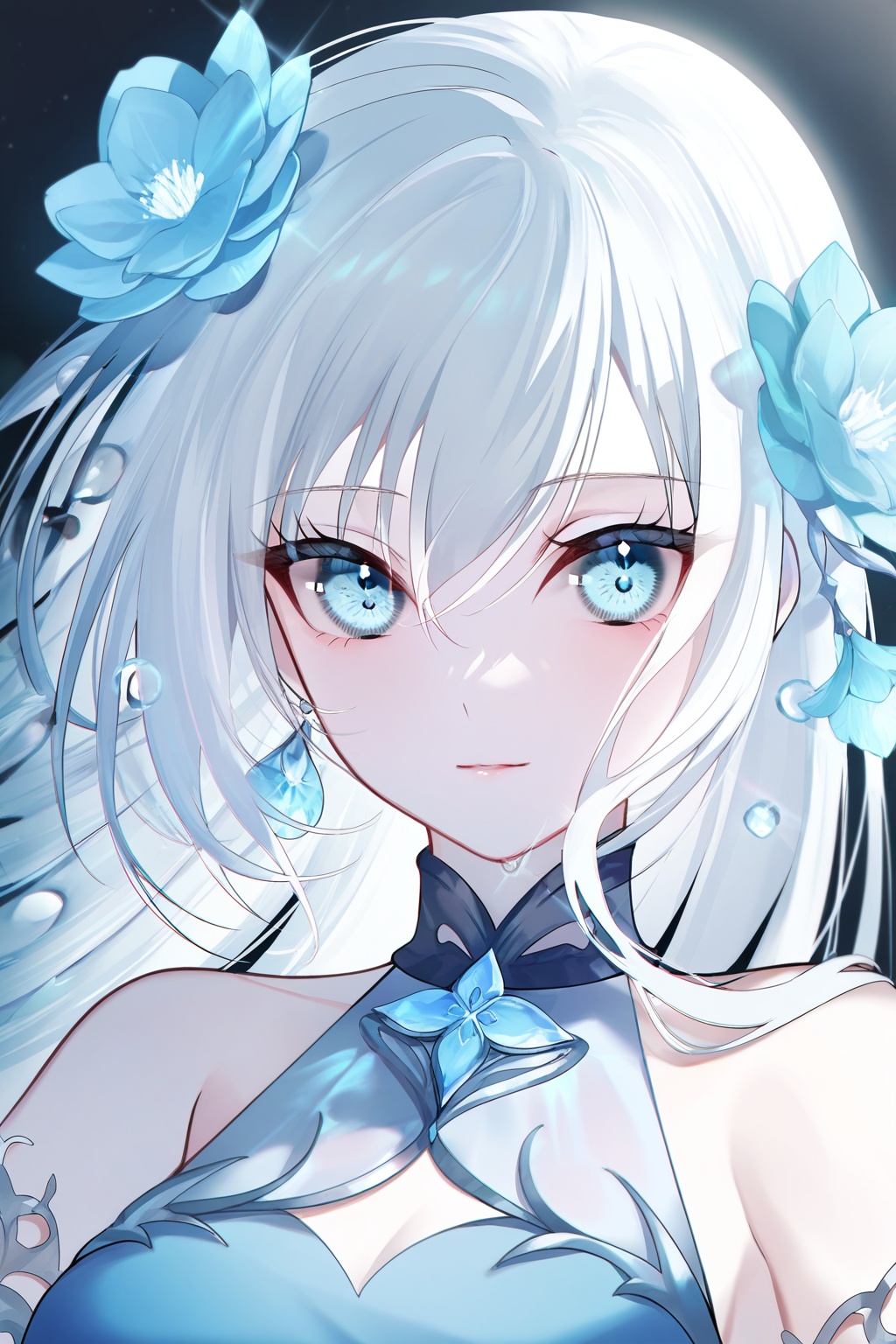 A serene fantasy scene featuring a girl with ethereal white hair,adorned in delicate blue flowers and surrounded by sparkling water droplets.,<lora:meiheyeragu-000150:0.8>,