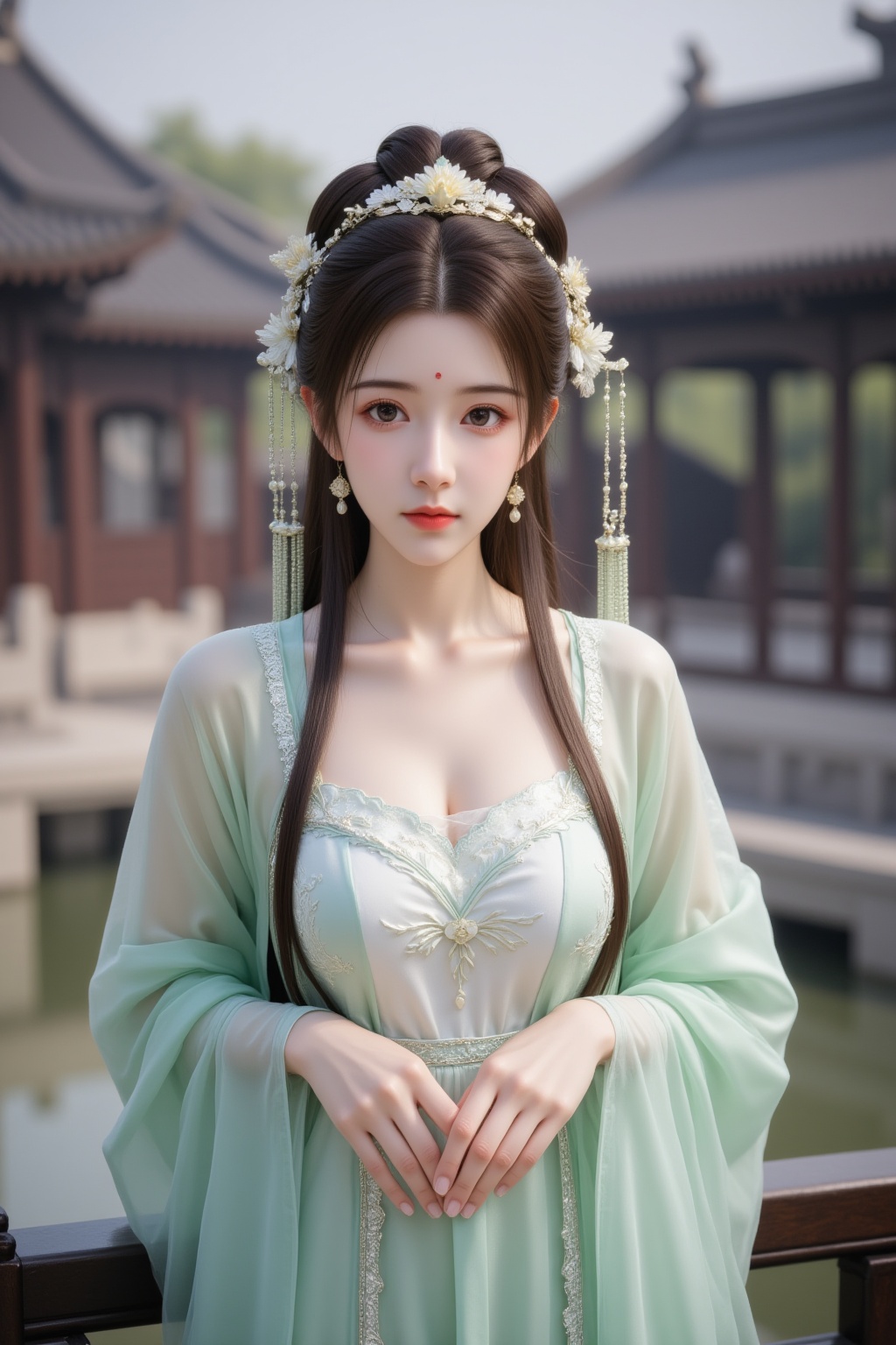 1girl, solo, jewelry, earrings, hair ornament, dress, long hair, brown hair, upper body, railing, chinese clothes, closed mouth, flower, looking at viewer, long sleeves, blurry background, hair bun, architecture, green dress, building, breasts, brown eyes, own hands together, east asian architecture, blurry, outdoors, realistic, forehead mark