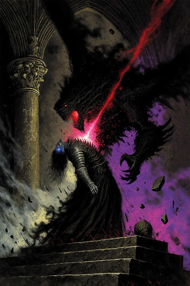 A distressed,  highly stylized gothic dark fantasy poster depicting the raw,  explosive unleashing of insanity.In the cent...