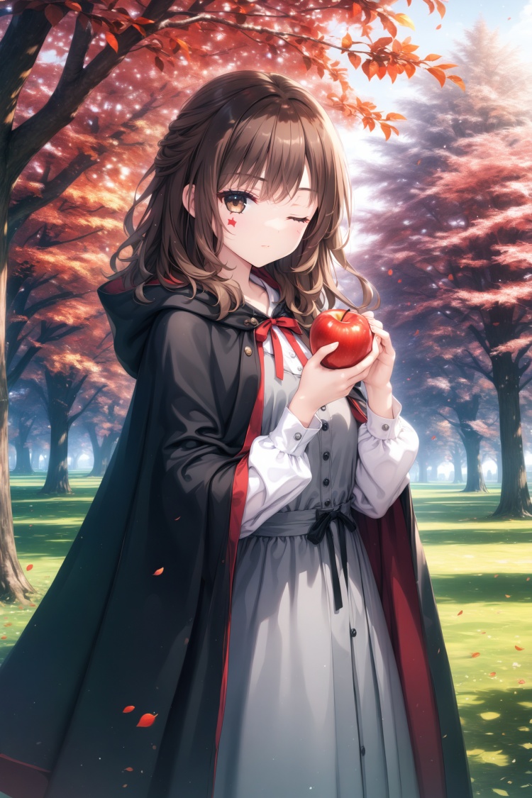 (masterpiece),(best quality),illustration,ultra detailed,hdr,Depth of field,(colorful),Artist Rta,1girl,brown hair,fruit,food,holding,one eye closed,cloak,apple,solo,hood,dress,looking at viewer,holding fruit,hooded cape,hooded cloak,hood down,holding food,cape,brown eyes,facial tattoo,branch,wavy hair,tree,medium hair,outdoors,one-eyed,black cloak,long hair,long sleeves,closed mouth,tattoo,grey dress,