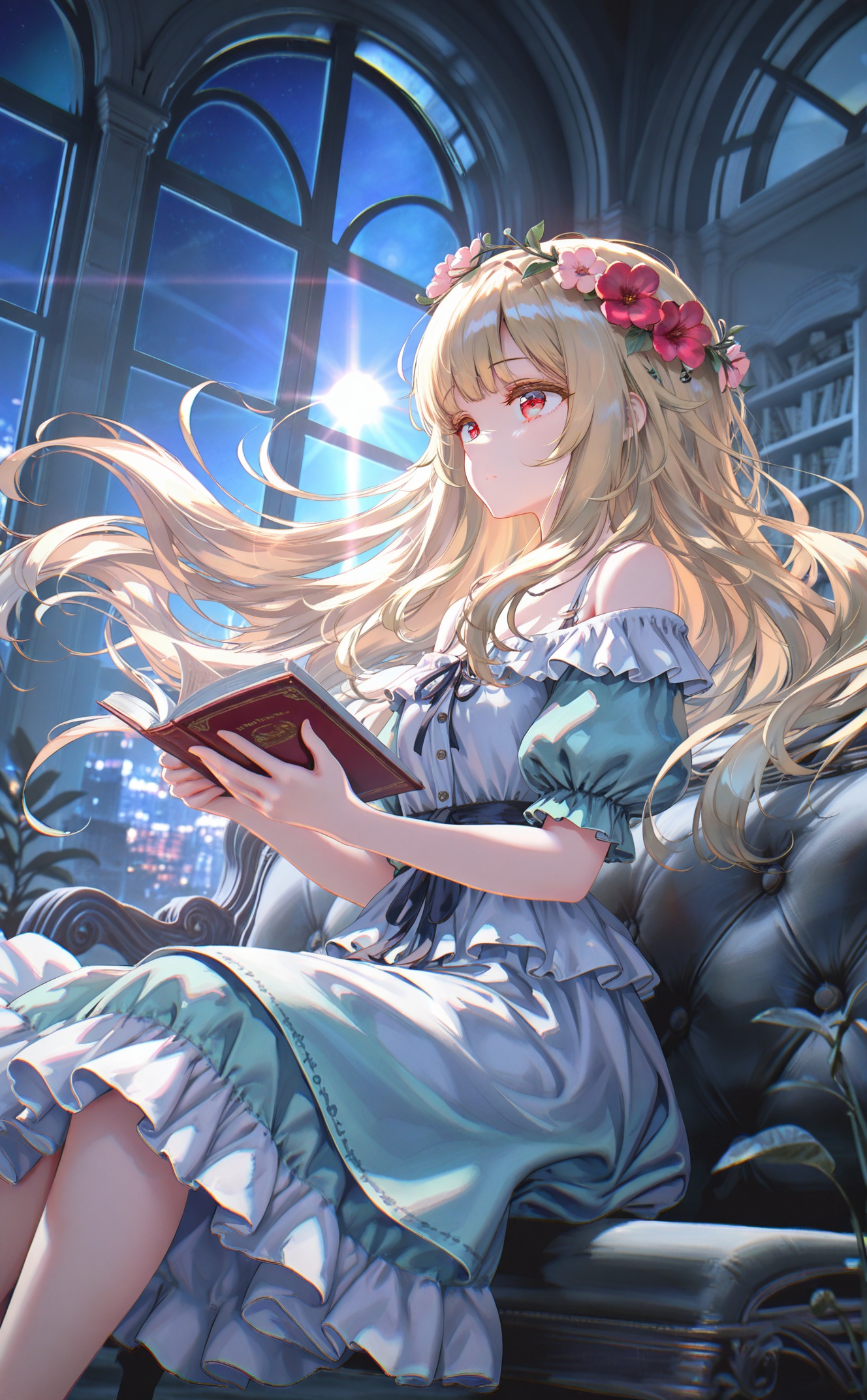 masterpiece,absurdres,best quality,high quality,chromatic_aberration,night,darkness,black theme,photorealistic,high contrast,high saturation//,artist:torino aqua,artist:rhasta,artist:wlop,artist:ke-ta,artist:hiten \(hitenkei\),//,loli,petite,chromatic_aberration,Light Blue Theme,lens_flare,dynamic_angle,cinematic_angle,photorealistic,1girl,solo,long hair,bangs,blonde hair,hair ornament,red eyes,dress,holding,bare shoulders,sitting,closed mouth,flower,short sleeves,puffy sleeves,indoors,hair flower,off shoulder,white dress,from side,book,window,profile,feet out of frame,rose,sunlight,frilled dress,plant,red flower,pink flower,holding book,green dress,open book,off-shoulder dress,reading,potted plant,bench,//,official art,depth of field,detailed light,blurry background,cinematic lighting,ray tracing,ultra detailed,god rays,backlighting,photo background,film grain,chromatic aberration,volumetric lighting,depth of field,blurry background,shiny skin,floating hair,cinematic lighting,day,very aesthetic,cowboy shot,look up,head wreath, <lora:Alicia 203.1up1344-000032:0.8>