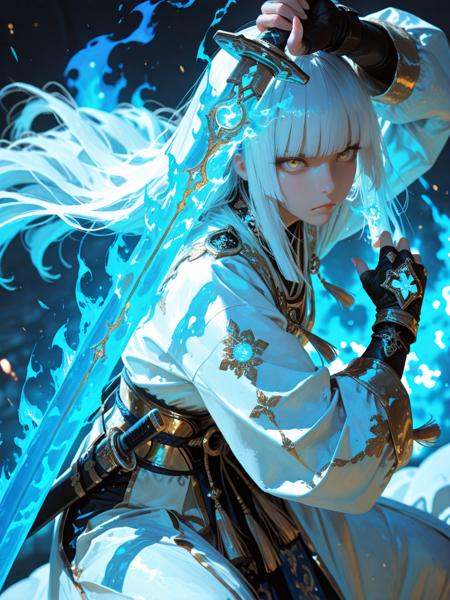 masterpiece, ultra-HD, photorealistic, impressionism, high detail, depth of field,  dynamic lighting, best quality, very aesthetic, 8k, best quality, realistic, muted colors palette.1woman, 30 years old, japanese face, (serious expression, frown). white hair, blunt bangs, hime cut. wearing gold embroidered clothes, fingerless gloves, jacket. holding, holding sword with one hand, holding 1weapon, sheath, glowing, blue flaming sword, (battoujutsu stance, dynamic pose), leaning forward, tassel, fire, blue flame. blue and gold theme. (shoot from side), waist shot, dynamic composition, dynamic angle.