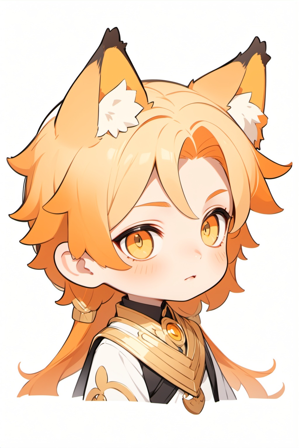 chibi,1boy,orange and white hair,animal ears,long hair,golden pupil,collar,blank background,solo,, (masterpiece,best quality:1.2)