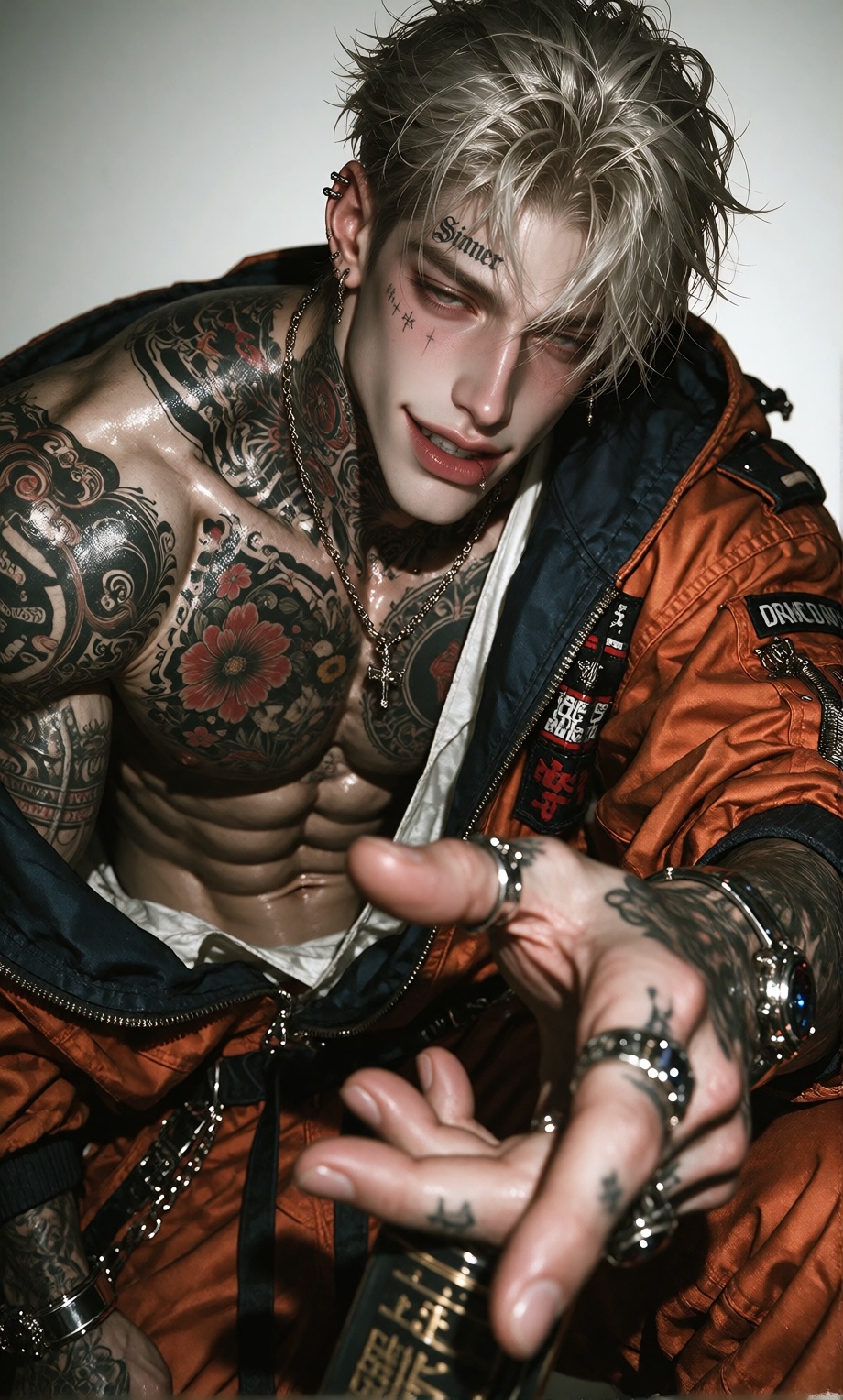 A manly mature male character with platinum blonde hair styled in a swept-back undercut and adorned with intricate black t...