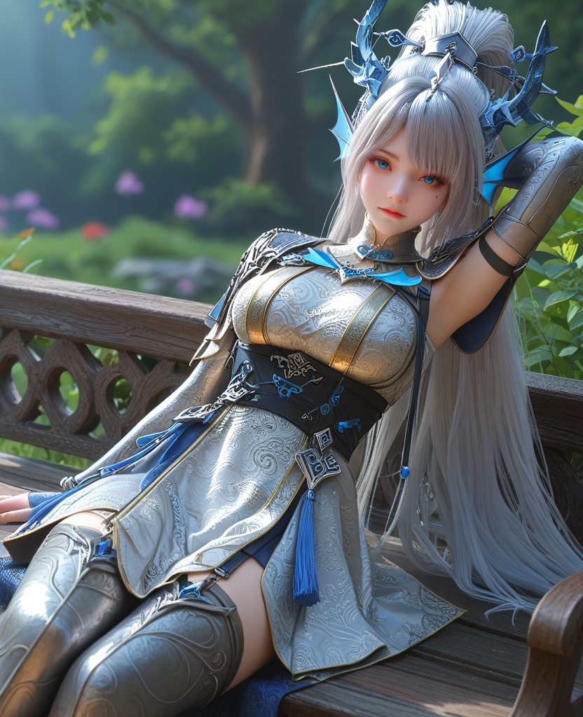 (Resting on a bench in a park, leaning back with hands behind the head, enjoying the moment,:1.1),looking at viewer,(large breasts:1.2),<lora:XL16云深不知梦白龙漱玉:0.95>,miss shuyu,silver dress,blue eyes,mole under left eye,white hair,ponytail,very long hair,hair ornament,elbow gloves,cape,sash,thigh boots,shoulder armor,head fins ornament,holding polearm,, score_9,score_8_up,score_7_up,score_6_up,score_5_up,score_4_up,3d rendering,tag1,tag2, Cinematic Lighting,backlighting,