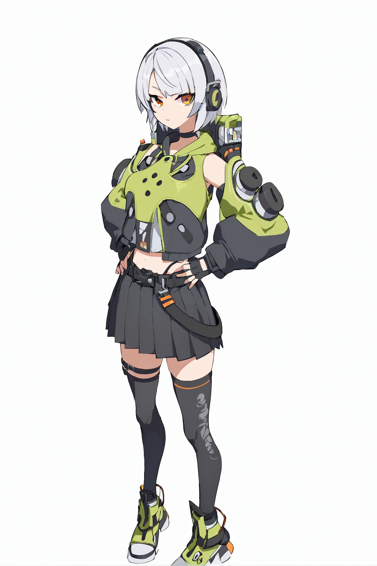 score_9, score_8_up, score_7_up, score_anime, 8k, best quality, masterpiece, (ultra-detailed), (white background,simple background:1.3), solo, hands on hip, (full body:1.1), looking at viewer, <lora:anbi-pony-Tanger:0.8>, anbi, default clothes, 1girl, black fingerless gloves, black thighhighs, orange eyes, black  pleated skirt, 