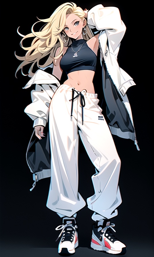 (best quality), ((masterpiece)), (highres), illustration, original, extremely detailed,ooo, 1girl, solo, jewelry, long hair, blonde hair, white background, navel, breasts, necklace, earrings, jacket, white pants, smile, pants, sneakers, midriff, simple background, looking at viewer, full body, shoes, dark skin, dark-skinned female, crop top, open clothes, fingernails, off shoulder, nike, medium breasts, white jacket