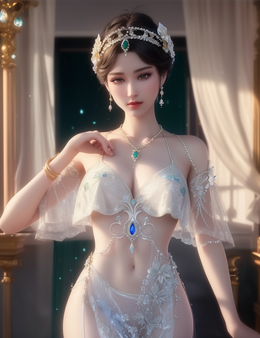 ultra realistic 8k cg, picture-perfect face, flawless, clean, masterpiece, professional artwork, famous artwork, cinematic lighting, cinematic bloom, perfect face, beautiful face, fantasy, dreamlike, unreal, science fiction,  beautiful clothes, lace, lace trim, lace-trimmed legwear,  (rich:1.4), prestige, luxury, jewelry, diamond, gold, pearl, gem, sapphire, ruby, emerald, intricate detail, delicate pattern, charming, alluring, seductive, erotic, enchanting, hair ornament, necklace, earrings, bracelet, armlet,halo((,1girl, pov,))(((,  1girl,  solo,looking at viewer, ))),(((1girl, solo, dress, jewelry)))<lora:DA_WhiteSnakeGreenSnake:0.7>