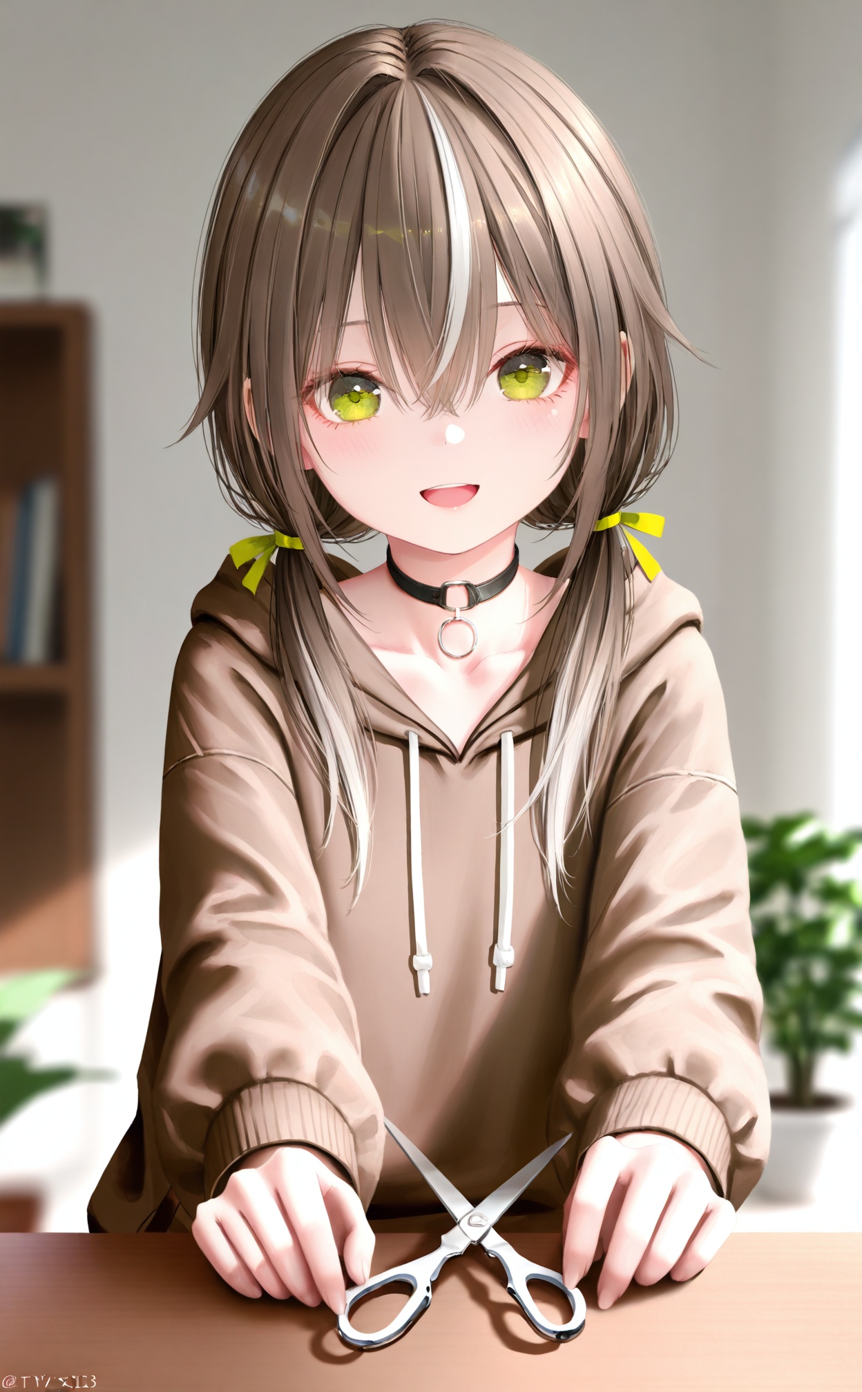 masterpiece,very aware,highres,absurdres,newest,best quality,high quality,loli,petite,chromatic_aberration,Light Blue Theme,//,1girl,solo,hood,drawstring,hood down,green eyes,:d,black choker,smile,choker,hoodie,blurry,looking at viewer,hair ribbon,multicolored hair,ribbon,depth of field,signature,blurry background,twitter username,upper body,hair between eyes,indoors,twintails,brown hoodie,open mouth,long sleeves,green ribbon,white hair,grey hair,plant,collarbone,blush,yellow ribbon,streaked hair,long hair,brown hair,low twintails,potted plant,two-tone hair,scissors,//,(Artist:dsmile:0.8),(Artist:rurudo:0.9),(pottsness:0.7),(wanke:0.9),Artist:na-ga,(Artist minato_ojitan:0.6),[[Artist:wlop]],(Artist:rurudo:0.8),(jima:1.2),((((z282g)))),jyt,(((e-note))),(bigxixi),[chen_bin],[[as109]],himitsu_(hi_mi_tsu_2),foreshortening,asakuraf,//,//,buzhidao313 style,official art,depth of field,detailed light,blurry background,best shadow,shiny skin,cinematic lighting,ray tracing,amazing quality,very aesthetic,absurdres,beast quality,ultra detailed,newest,8K,HDR,