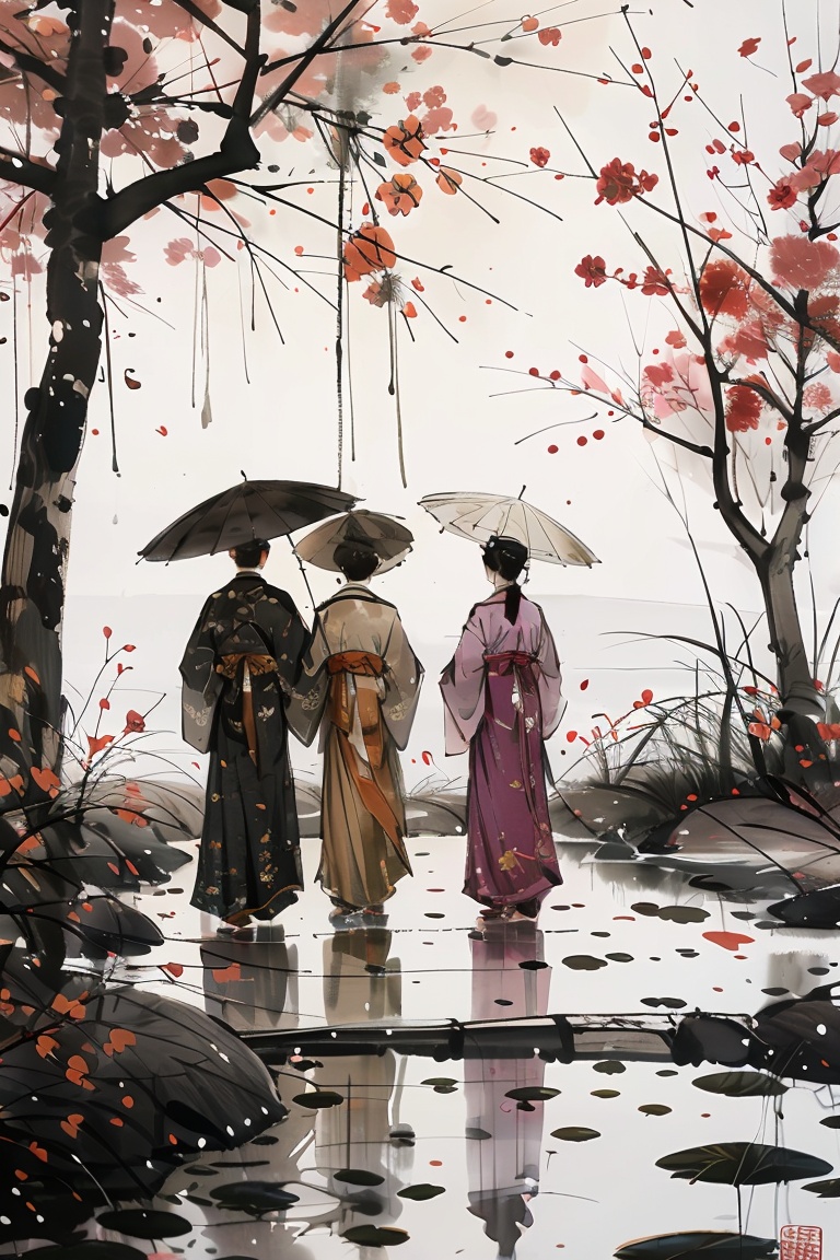 masterpiece,best quality,colorful inkpainting, holding umbrella, multiple boys, black hair, tree, male focus, 2boys, water, standing, from behind, outdoors, reflection, facing away, walking, shared umbrella <lora:colorful-inkpainting-000016:0.8>,
