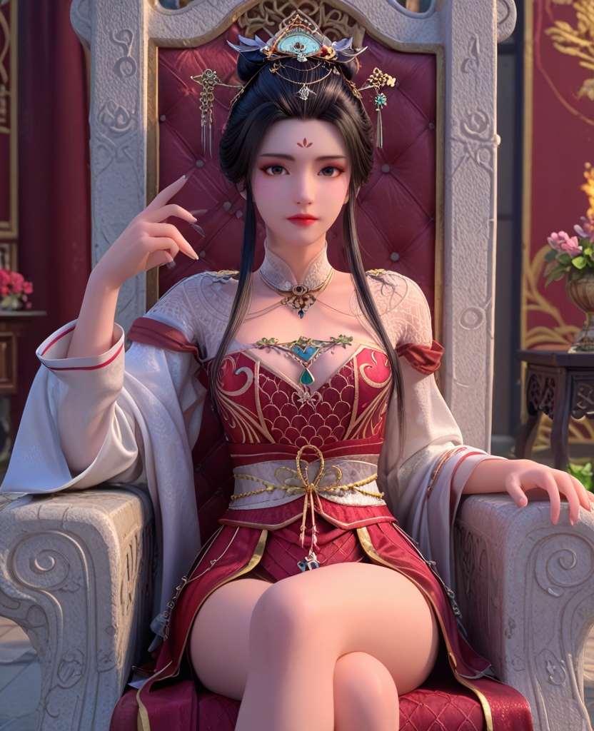 (oriental architecture, elegant decor, sophisticated style:1.1),(sitting on a throne of fire:1.1),(breasts:1.2),<lora:XL暗河传医者白鹤淮:0.8>,miss baihehuai,chinese clothes,detached collar,red corset,red overskirt,hair bun,black hair,hair ornament,hanging hair,forehead mark,black eyes,shoulder mesh,jewelry,floral print,, score_9,score_8_up,score_7_up,score_6_up,score_5_up,score_4_up,3d rendering,tag1,tag2, Cinematic Lighting,backlighting,