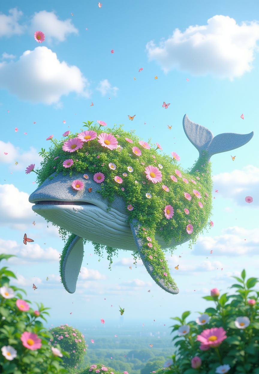 The surface is covered with flowers and plants,A whale is flying in the sky. The whale is covered with green plants and flowers,<lora:花开时间(2):1>,