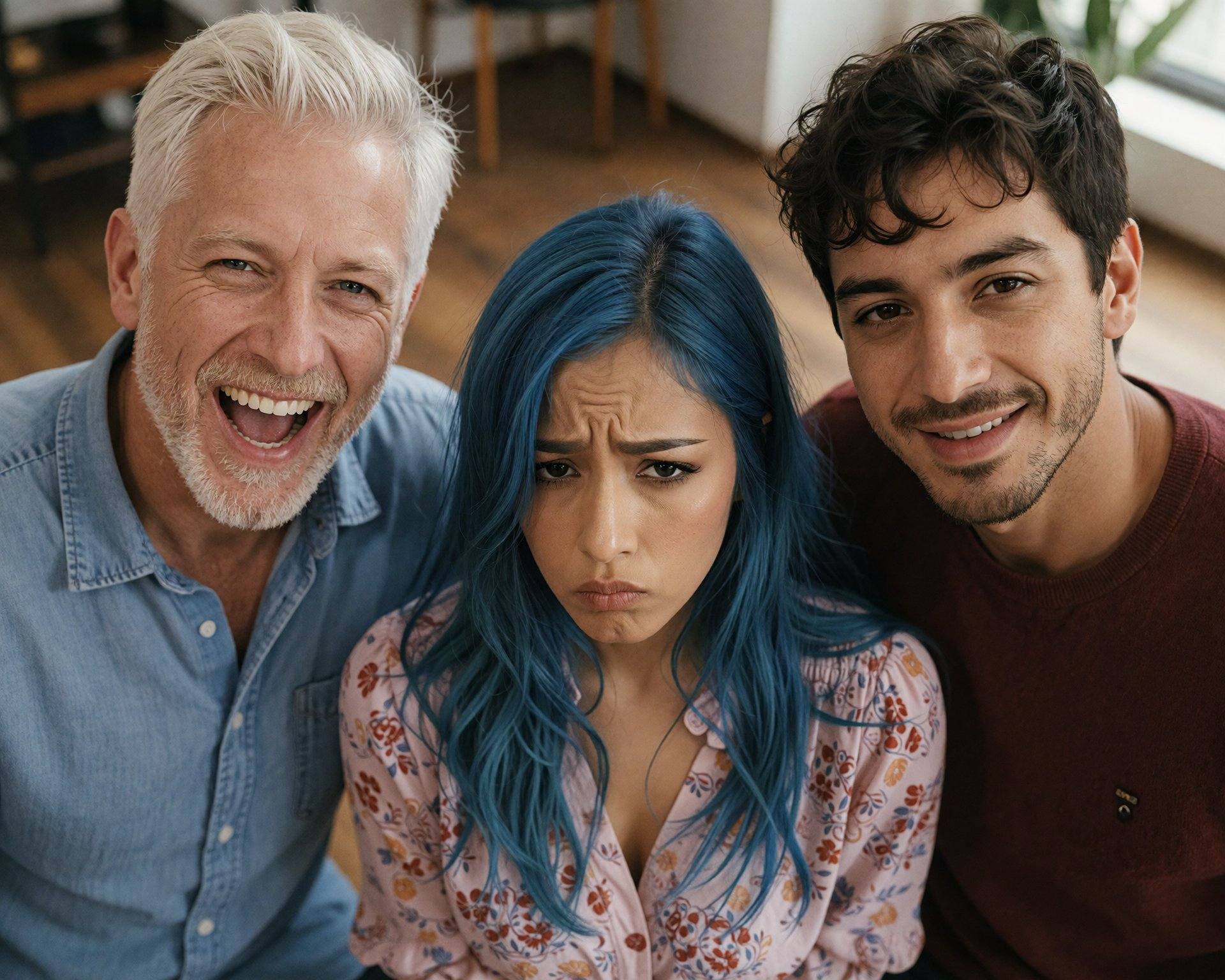 A high-quality photorealistic detailed well lit image of a three people. the first person is a caucasian older man with wh...