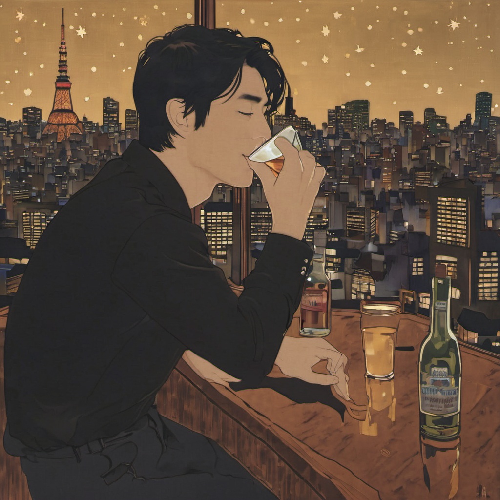 <lora:ukiyo-e_xl_v2:1>,solo,short hair,brown hair,shirt,1boy,holding,sitting,closed eyes,male focus,sky,collared shirt,pants,indoors,cup,window,night,chair,table,bottle,building,star \(sky\),night sky,holding cup,alcohol,sleeves rolled up,drinking glass,watch,city,drinking,glass,wristwatch,cityscape,city lights,whiskey,1girl,black hair,profile,black pants,a young individual,possibly male,sitting at a bar counter,he is sipping from a glass which contains a golden-colored liquid possibly whiskey,the bar counter is adorned with a variety of bottles and each labeled with different brands and types of alcohol,the backdrop reveals a breathtaking view of tokyo tower illuminated against a night sky filled with stars,the city lights shimmer casting a warm glow on the scene,the ambiance is serene with a touch of nostalgia,suggesting a moment of reflection or relaxation for the individual,young individual,bar counter,golden-colored liquid,bottles,brands,tokyotower,stars,ambiance,reflection,负向提示
