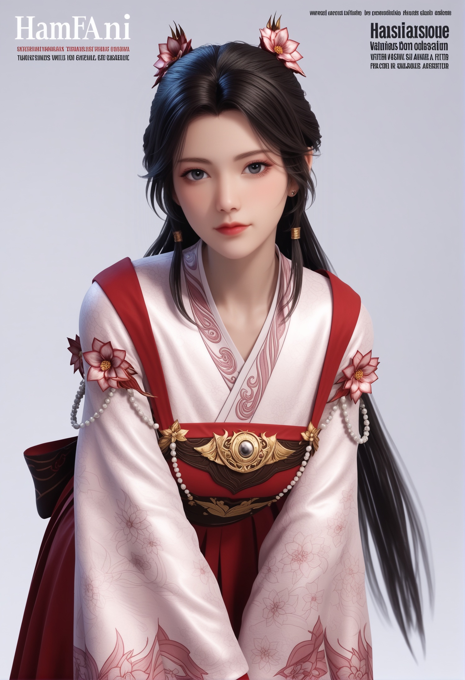 score_9,score_8_up,score_7_up,1girl,solo,realistic,(looking at viewer:1.1),(leaning_forward:1.2),1girl,solo,realistic,dress,hanfu,chinese clothes,red skirt,red dress,long sleeves,wide sleeves,flower,floral print,pink flower,1girl,solo,realistic,jewelry,hair ornament,hair flower,hair rings,necklace,earrings,1girl,solo,realistic,mature face,big eye,pale_skin,shiny_skin,slender face,long hair,black hair,black eyes,eyelashes,lips,closed mouth,realistic,(solid background:1.2),simple background,(magazine cover theme:1.05),(white chair:0.8),<lora:小巳-灵敏秀常服:0.85>,