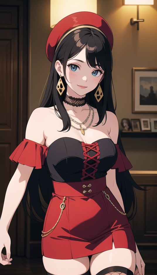 (best quality), ((masterpiece)), (highres), illustration, original, extremely detailed,1girl, solo, long hair, black hair, thighhighs, jewelry, necklace, skull, smile, fishnets, bare shoulders