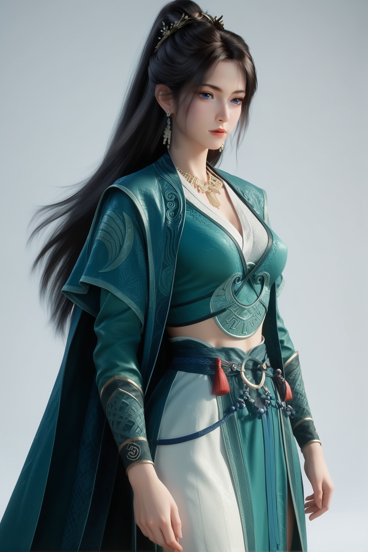 score_9,score_8_up,score_7_up,<lora:wy_mupeiling_XL7.0:0.8>,1girl,long hair,breast,medium breast,earrings,hair_ornament,ponytail,dress,black hair,blue eyes,thick_thighs,chinese_clothes,cape,simple background,white_background,