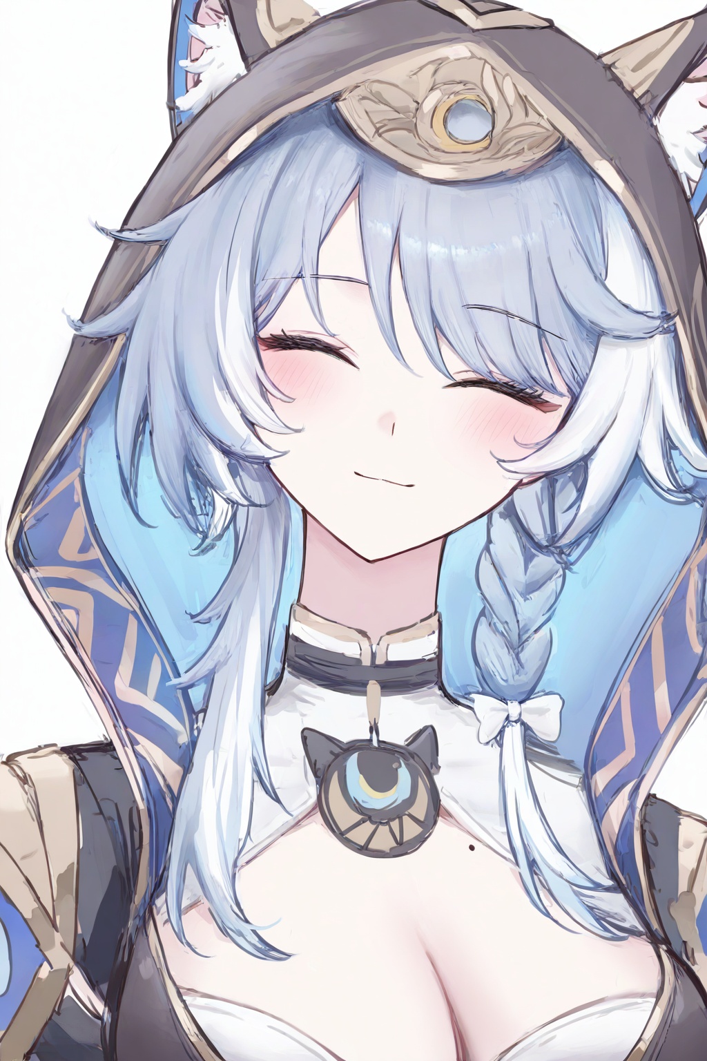 Cipher\(honkai:star rail\), 1girl, breasts, solo, hood, closed eyes, animal ears, cleavage, blue hair, white background, upper body, smile, hood up, braid, simple background, mole, blush, multicolored hair, closed mouth