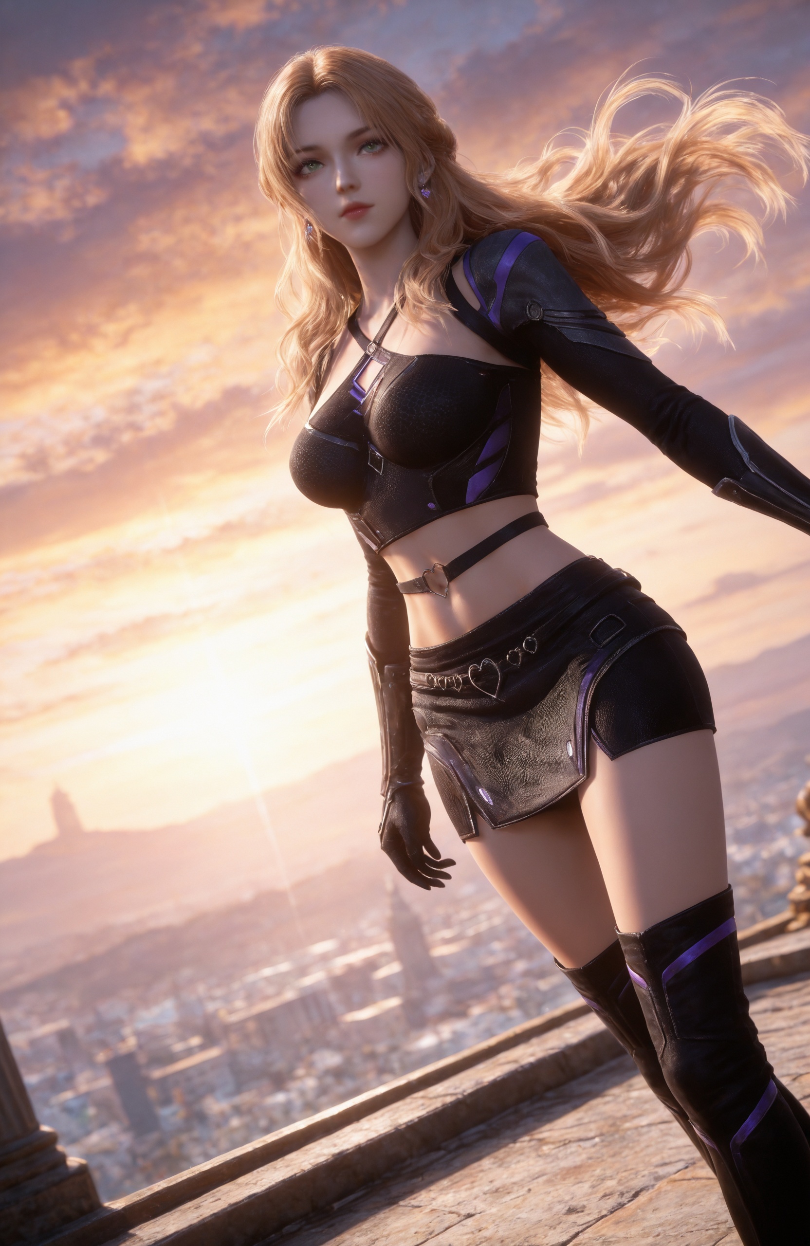 <lora:吞噬星空-珍妮特IL:0.7> 1girl, long hair, blonde hair, earrings, green eyes, crop top, midriff, black gloves, armor, miniskirt, navel, black skirt, black footwear, knee boots, realistic style,white background,upper body,looking at viewer,dynamic posture,, realistic style photo,outstanding style,Use soft lighting to cast gentle shadows on the subject,adding a touch of dimension to your images without compromising details,whirls of vapor,(Anime:1.1),soft neon light,ethereal ambiance,delicate details,magical atmosphere,concept art,highly detailed,ultra-high resolution,32K UHD,sharp focus,best-quality,masterpiece,golden hour,unconventional supreme masterpiece,masterful details,temperate atmosphere,with a high-end texture,in the style of fashion photography,magazine style,Dynamic Angle,Dynamic posture,magazine style,Dynamic Angle,Dynamic posture,(cowboy_shot:1.2),eye trail,depth of field,cinematic lighting,lens flare,close-up,extreme aesthetic,(wlop:0.6),(honjou raita,lack,rella,wanke:0.5),masterpiece,best quality,good quality,newest,year 2025,very aesthetic,absurdres,Visual impact,A shot with tension,ultra-high resolution,32K UHD,sharp focus,best-quality,masterpiece,Emotionalization,unconventional supreme masterpiece,masterful details,temperate atmosphere,with a high-end texture,in the style of fashion photography,(Visual impact:1.2),giving the poster a dynamic and visually striking appearance,