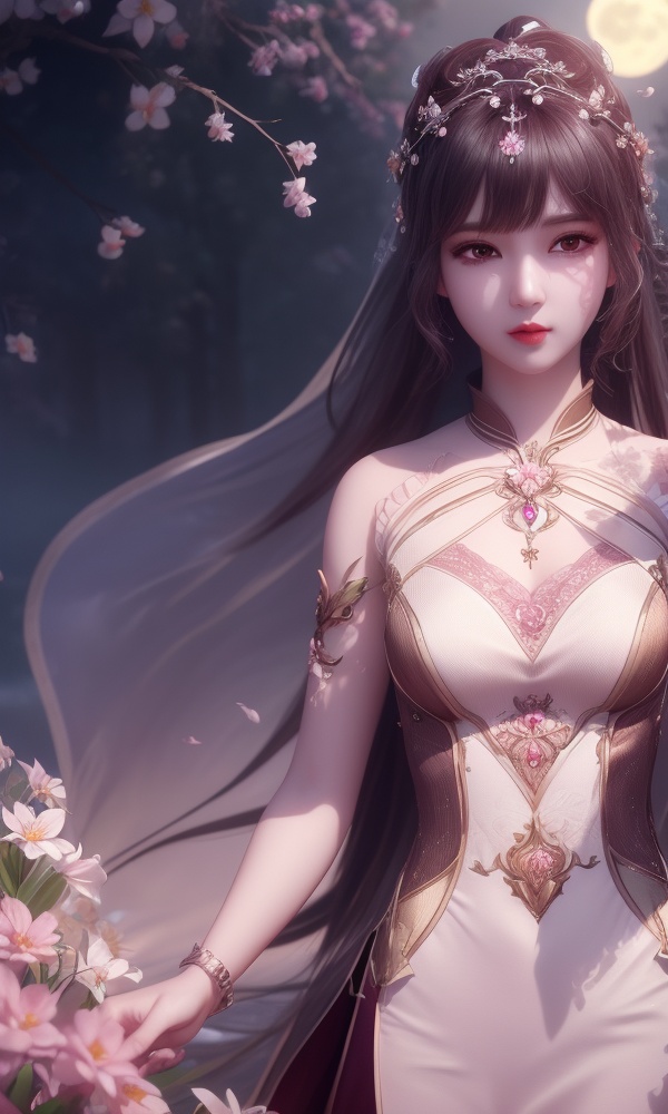 (,1girl, ,best quality, )<lora:358-DA-斗罗大陆-小舞V2-成年:0.6>,ultra detailed background,ultra detailed background,ultra realistic 8k cg, , ,masterpiece, (( , )),, ultra realistic 8k cg, ,tamari \(flawless\),     ,lily \(flower\) ,full moon ,strawberry blossoms      (()), (),