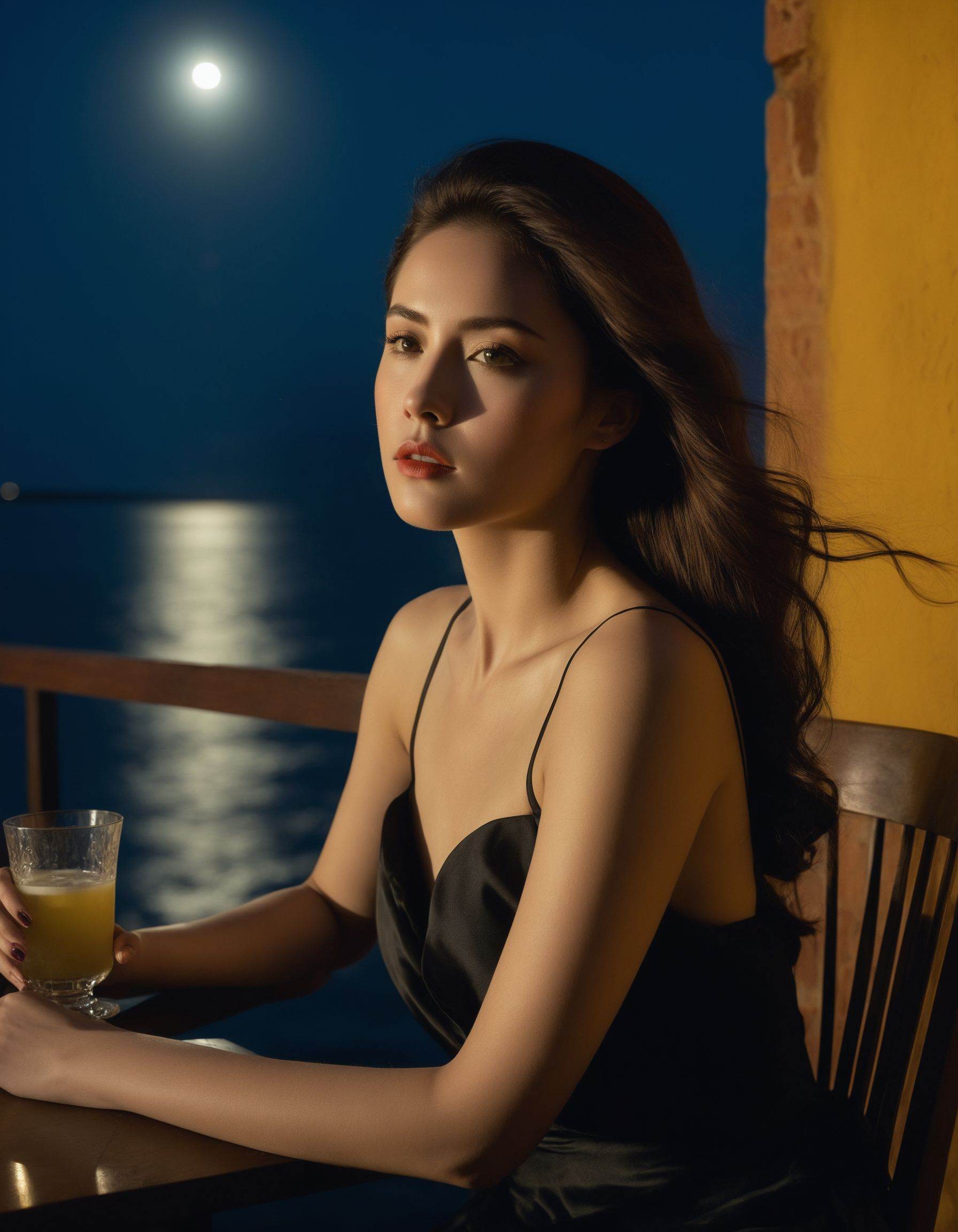 High-quality,  hyper-realistic 8K Ultra HD portrait of a captivating woman. The woman is depicted in moonlight,  her featu...