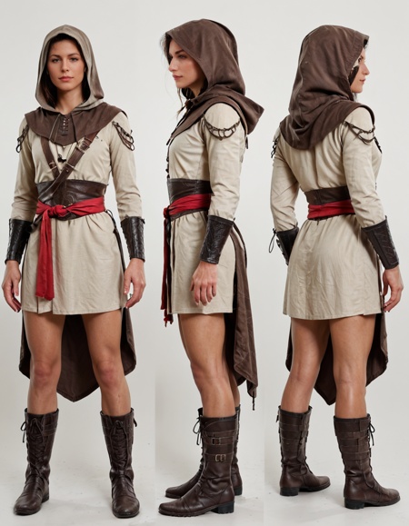 , masterpiece, best quality,  <lora:characterDesignSheetQuiron_illus:1>   characterDesignSheetxQuiron,    standing, full body,  multiple views, Ezio Auditore (Assassin's Creed): Ezio's white assassin robes consist of a long-sleeved tunic with a hood, decorative patterns, and a red sash around the waist. He wears leather bracers, boots, and a brown belt with a hidden blade mechanism. 